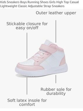 Kids High-Top Sneakers with Adjustable Strap - Pink & White